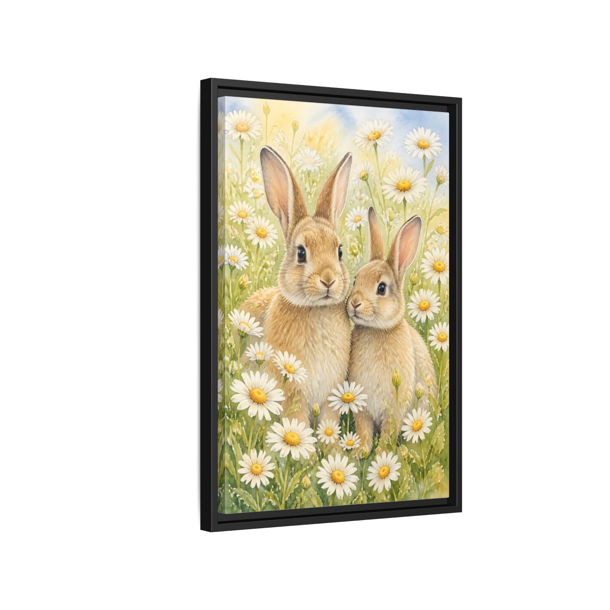 Side Mockup 3. Rabbit Animals In Daisy Meadow shown as framed canvas print