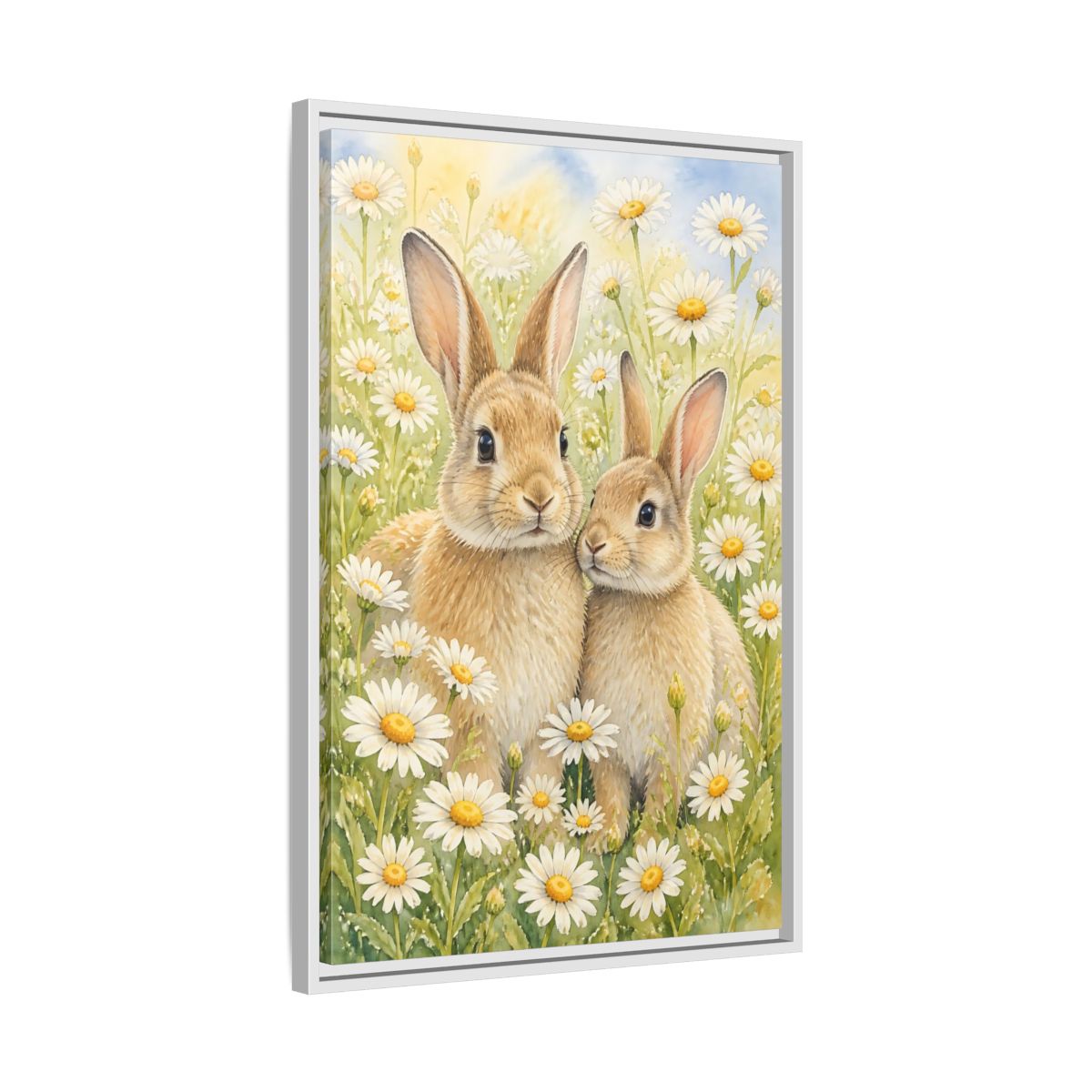 Side Mockup 10. Rabbit Animals In Daisy Meadow shown as framed canvas print