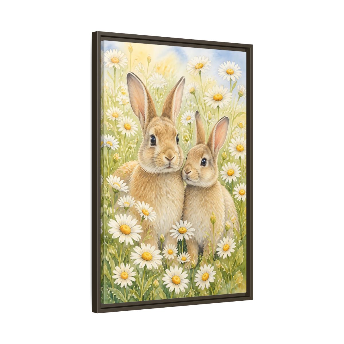 Side Mockup 11. Rabbit Animals In Daisy Meadow shown as framed canvas print