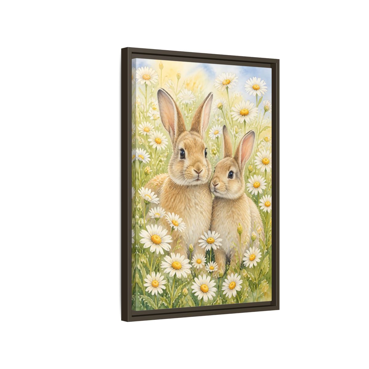 Side Mockup 2. Rabbit Animals In Daisy Meadow shown as framed canvas print