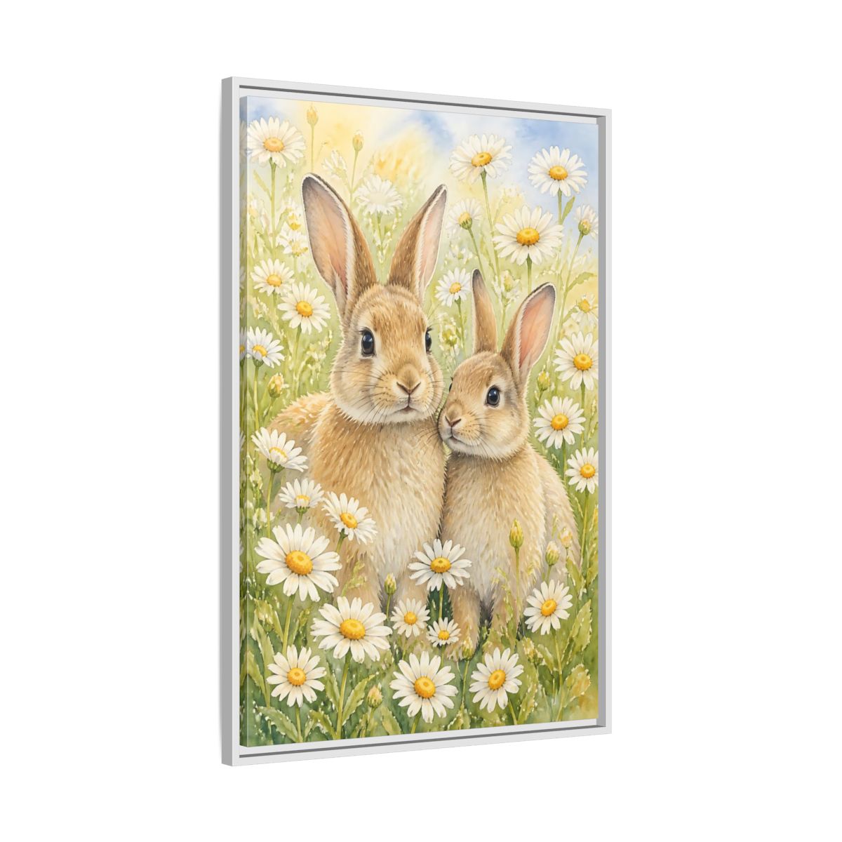 Side Mockup 9. Rabbit Animals In Daisy Meadow shown as framed canvas print