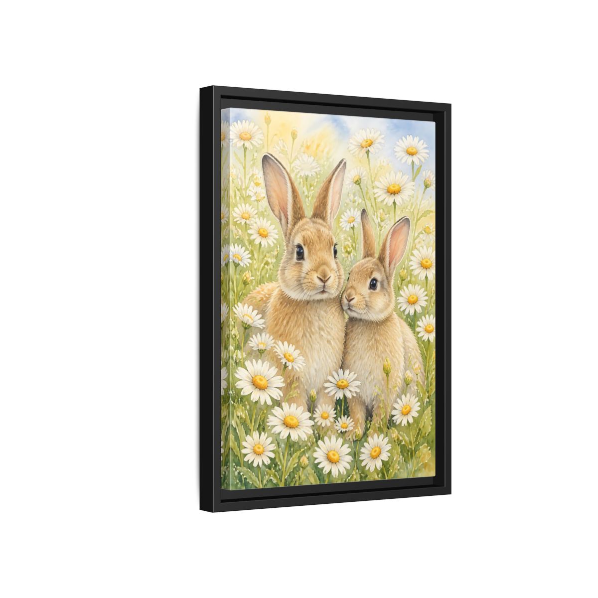 Side Mockup 6. Rabbit Animals In Daisy Meadow shown as framed canvas print