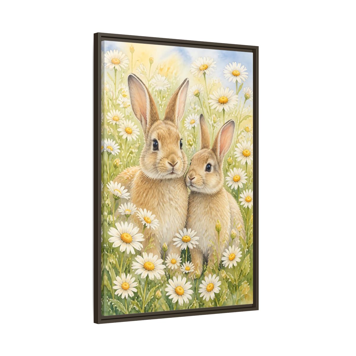 Main Mockup. Rabbit Animals In Daisy Meadow shown as framed canvas print