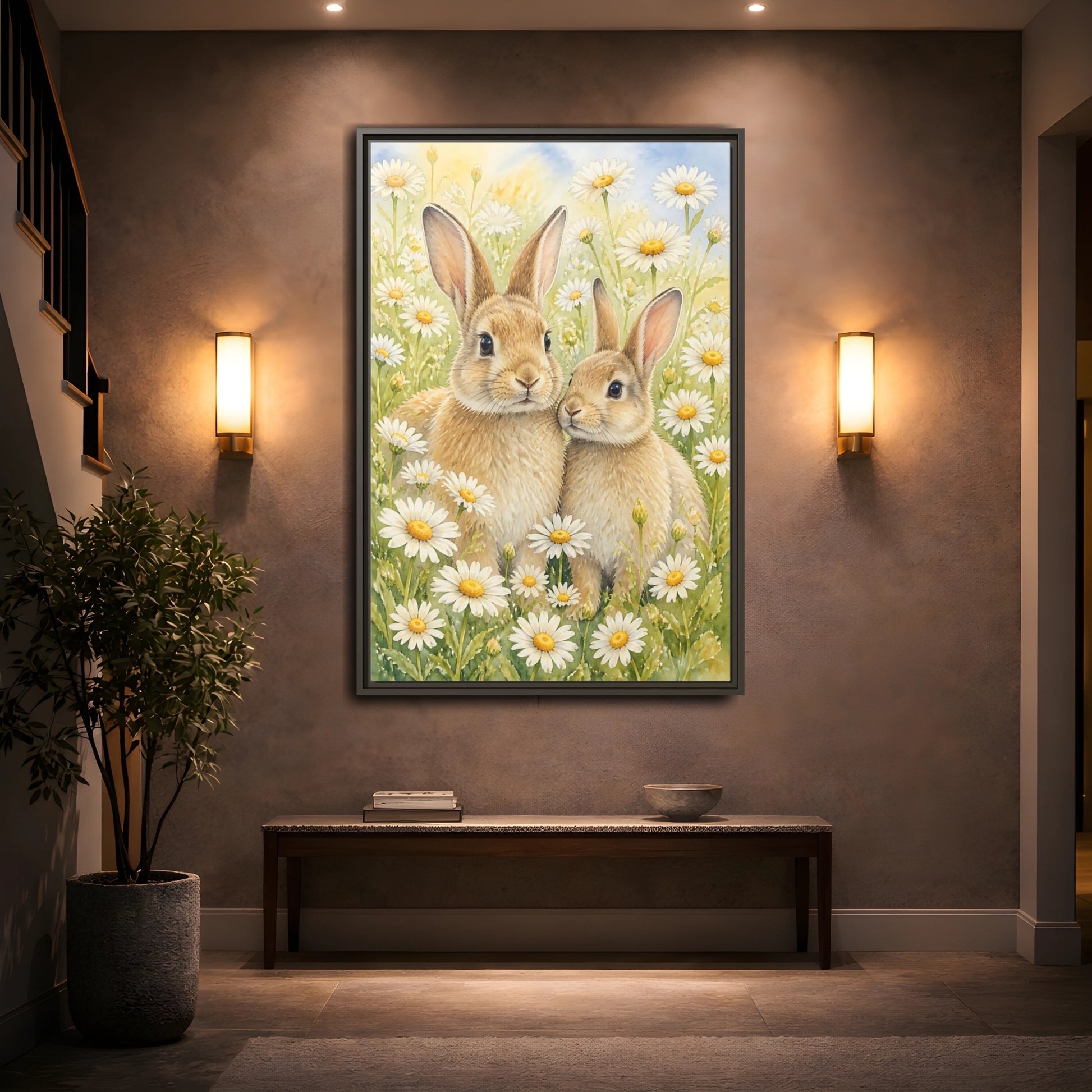 Mockup 2. Rabbit Animals In Daisy Meadow shown as framed canvas print