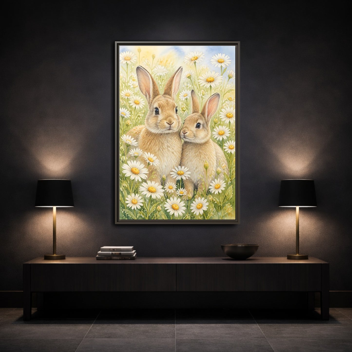 Mockup 3. Rabbit Animals In Daisy Meadow shown as framed canvas print