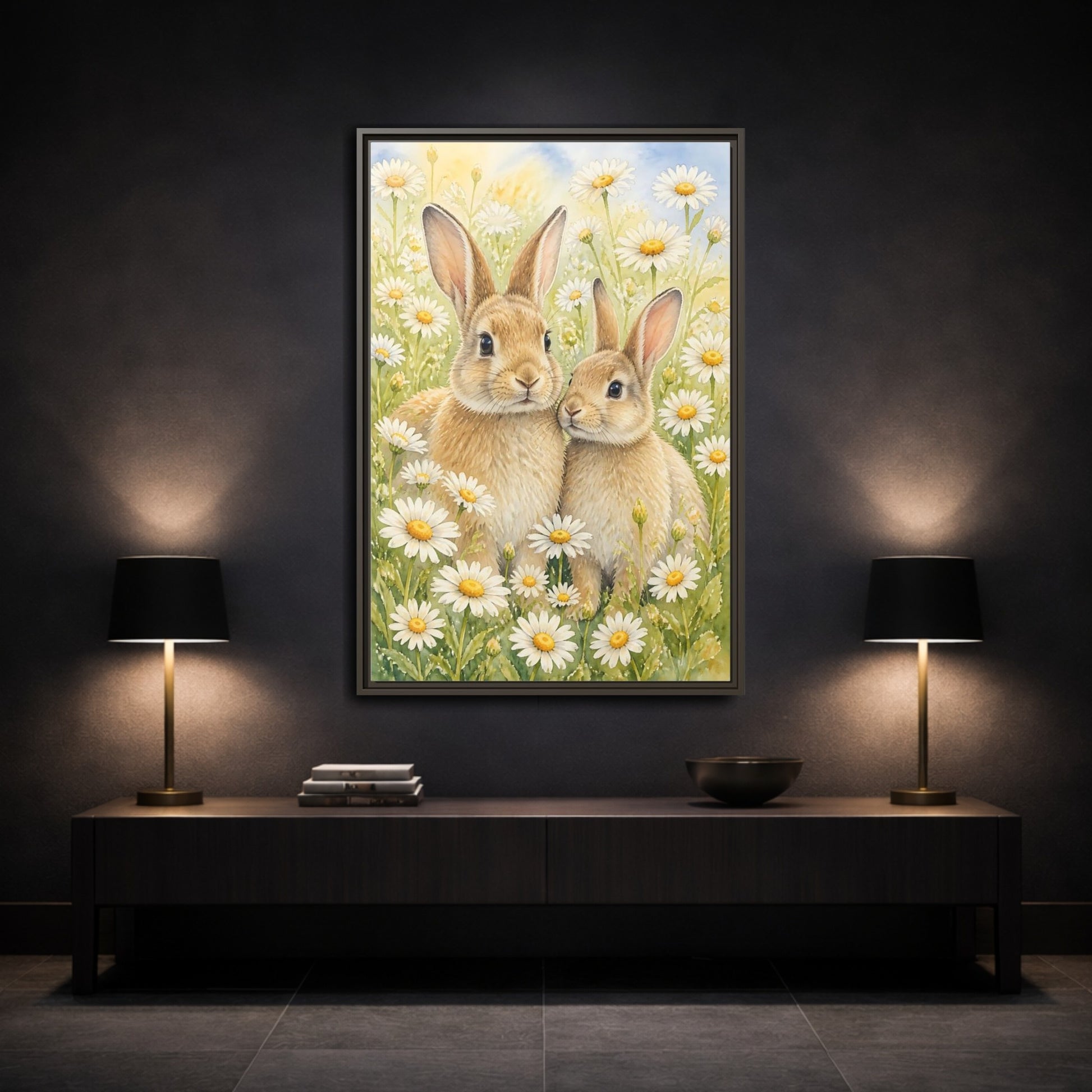 Mockup 3. Rabbit Animals In Daisy Meadow shown as framed canvas print
