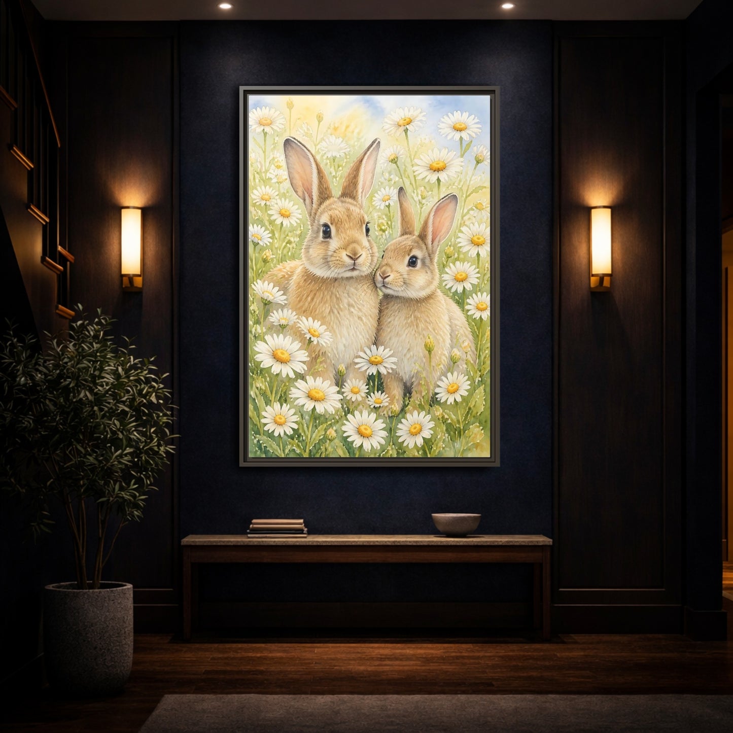 Mockup 4. Rabbit Animals In Daisy Meadow shown as framed canvas print