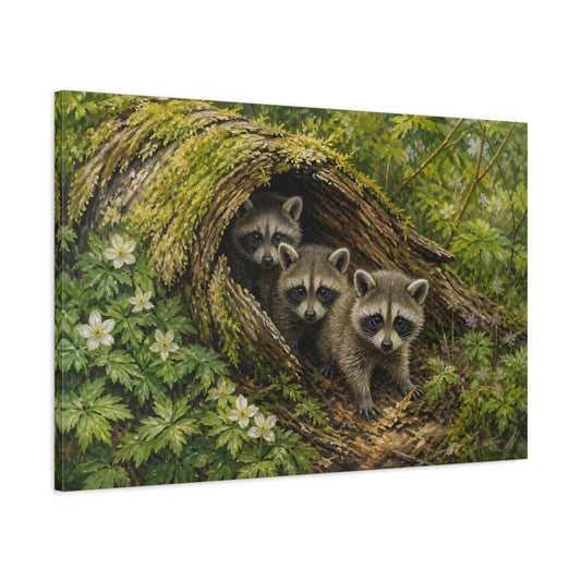 Main Mockup. Raccoon Cubs In Mossy Log shown as canvas print