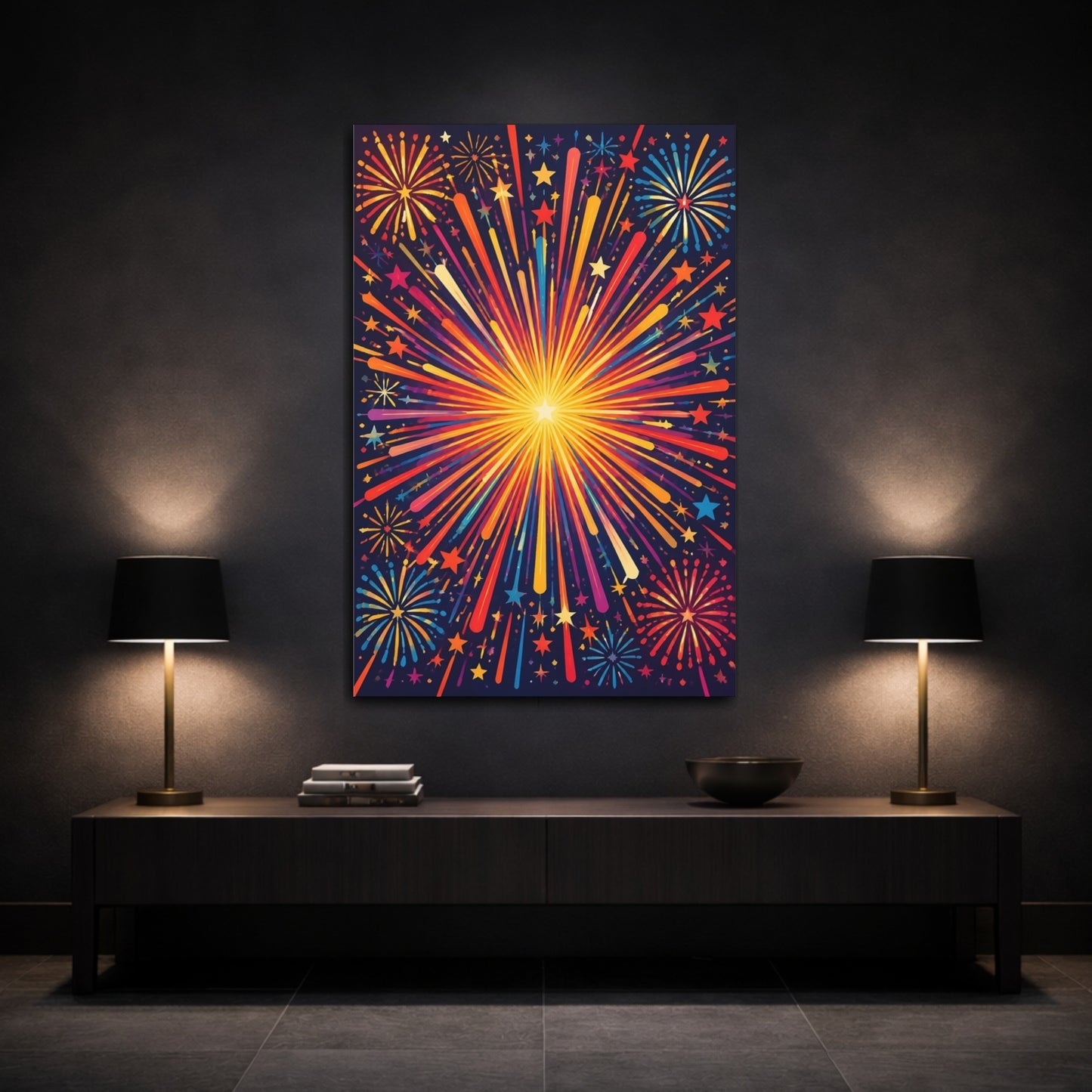 Mockup 3. Radiant Firework Burst shown as canvas print