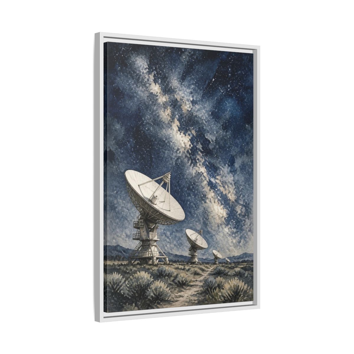 Side Mockup 10. Radio Telescope Under Milky Way shown as framed canvas print