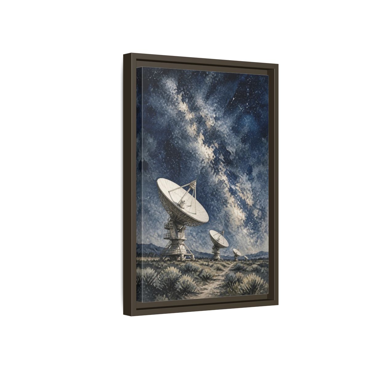 Side Mockup 5. Radio Telescope Under Milky Way shown as framed canvas print