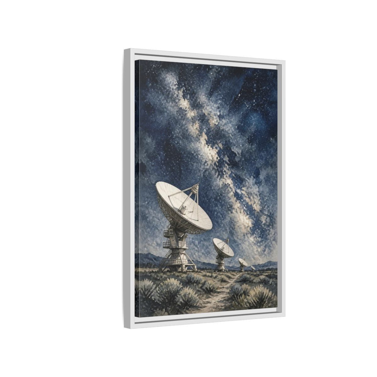 Side Mockup 1. Radio Telescope Under Milky Way shown as framed canvas print