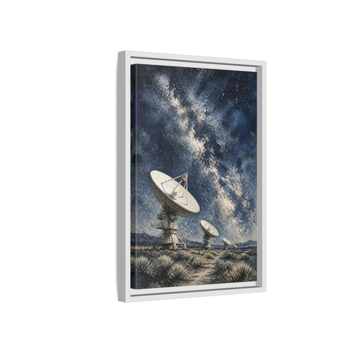 Side Mockup 4. Radio Telescope Under Milky Way shown as framed canvas print