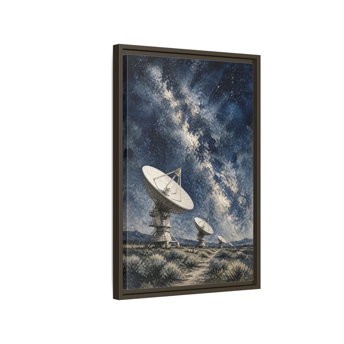 Side Mockup 2. Radio Telescope Under Milky Way shown as framed canvas print