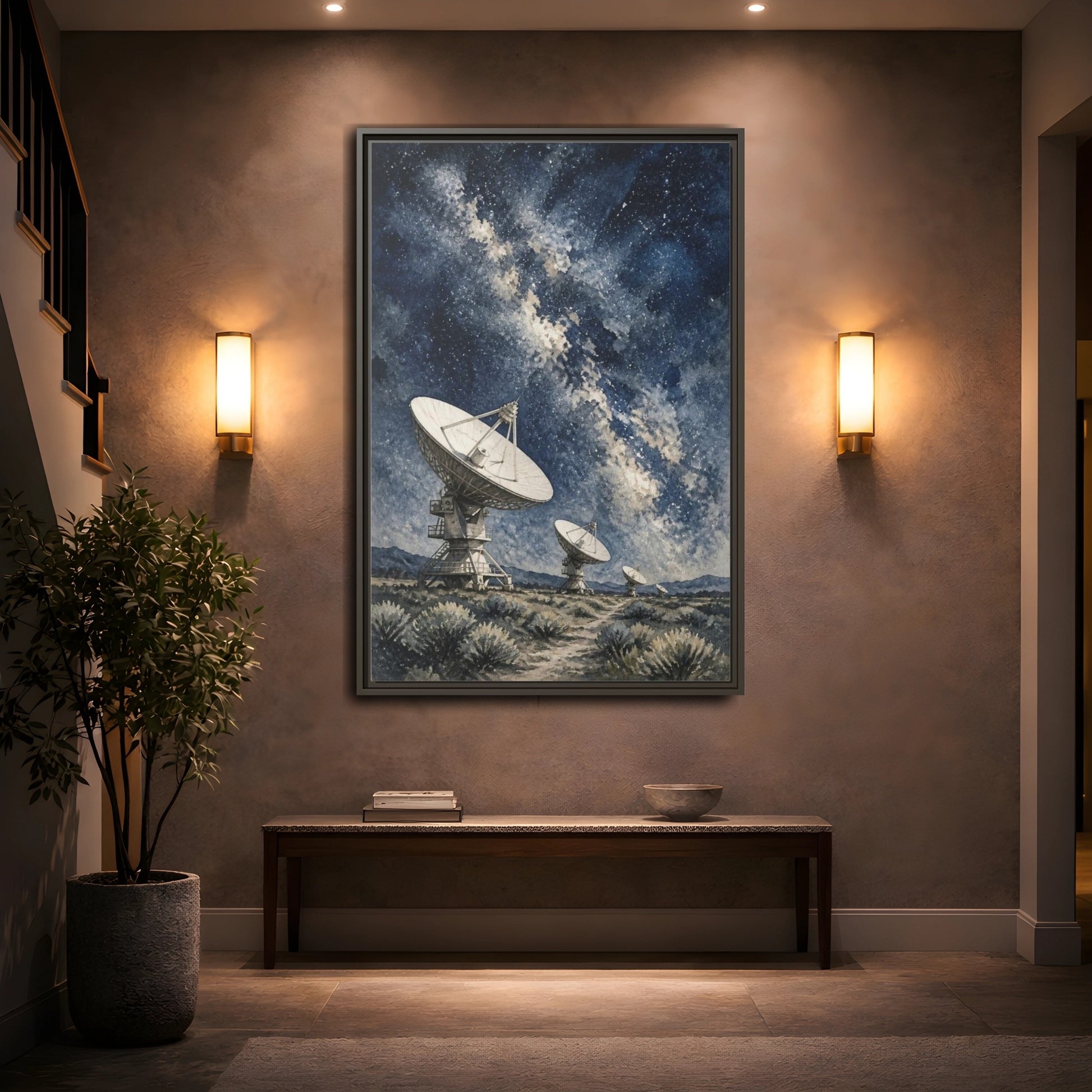 Mockup 2. Radio Telescope Under Milky Way shown as framed canvas print