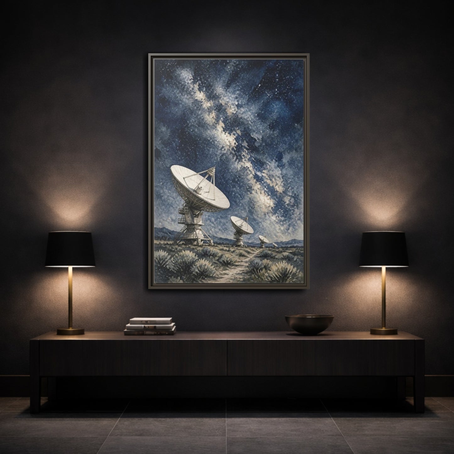 Mockup 3. Radio Telescope Under Milky Way shown as framed canvas print