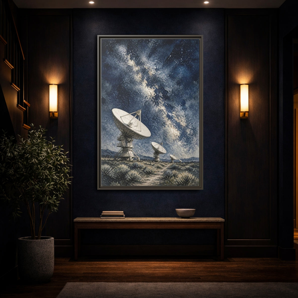 Mockup 4. Radio Telescope Under Milky Way shown as framed canvas print
