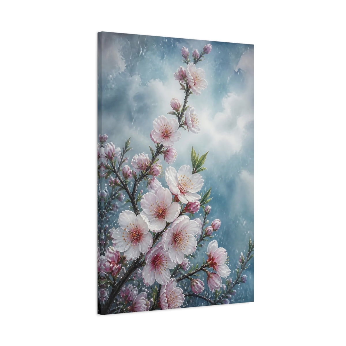 Main Mockup. Rain-Kissed Almond Flowers shown as canvas print