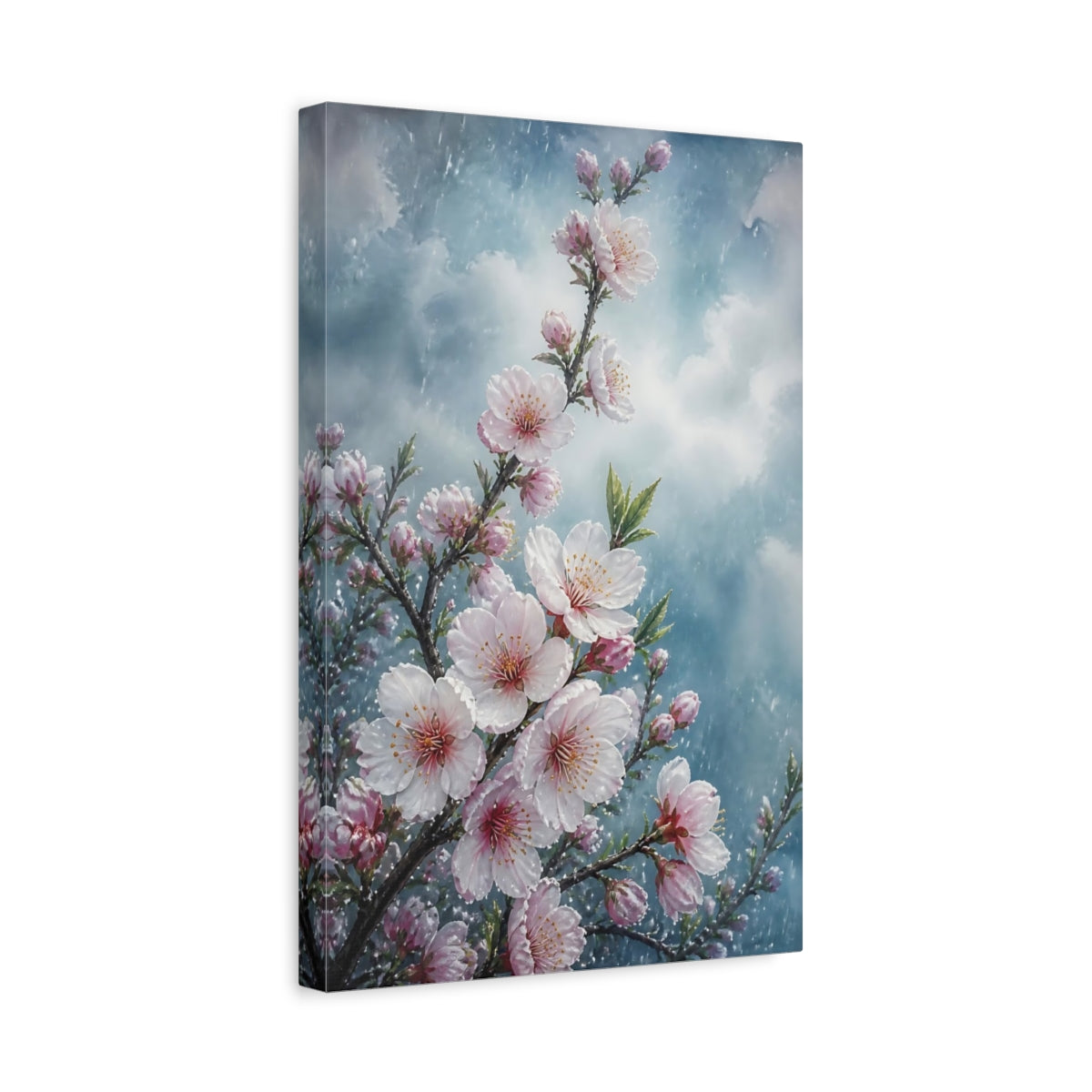 Side Mockup 4. Rain-Kissed Almond Flowers shown as canvas print