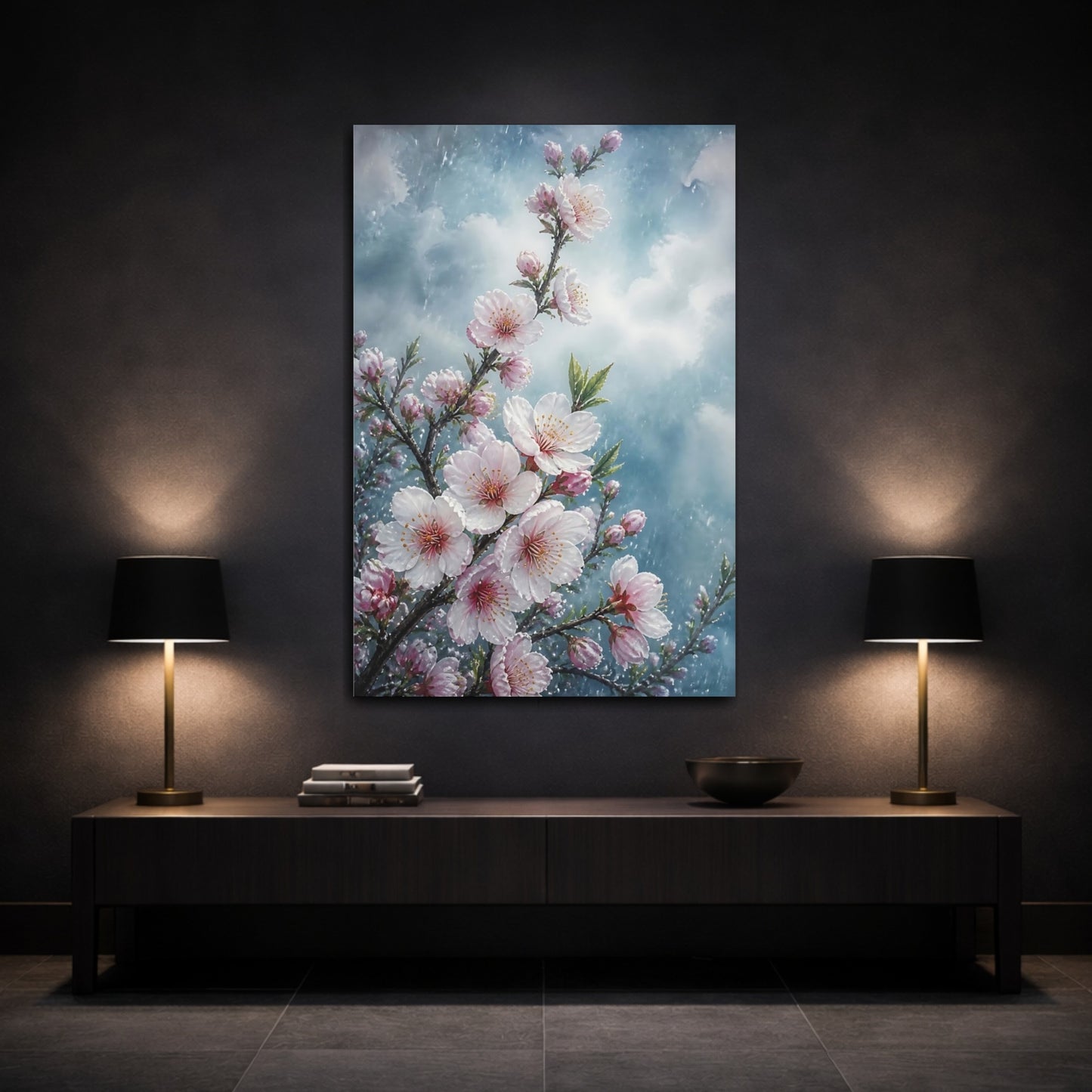 Mockup 3. Rain-Kissed Almond Flowers shown as canvas print