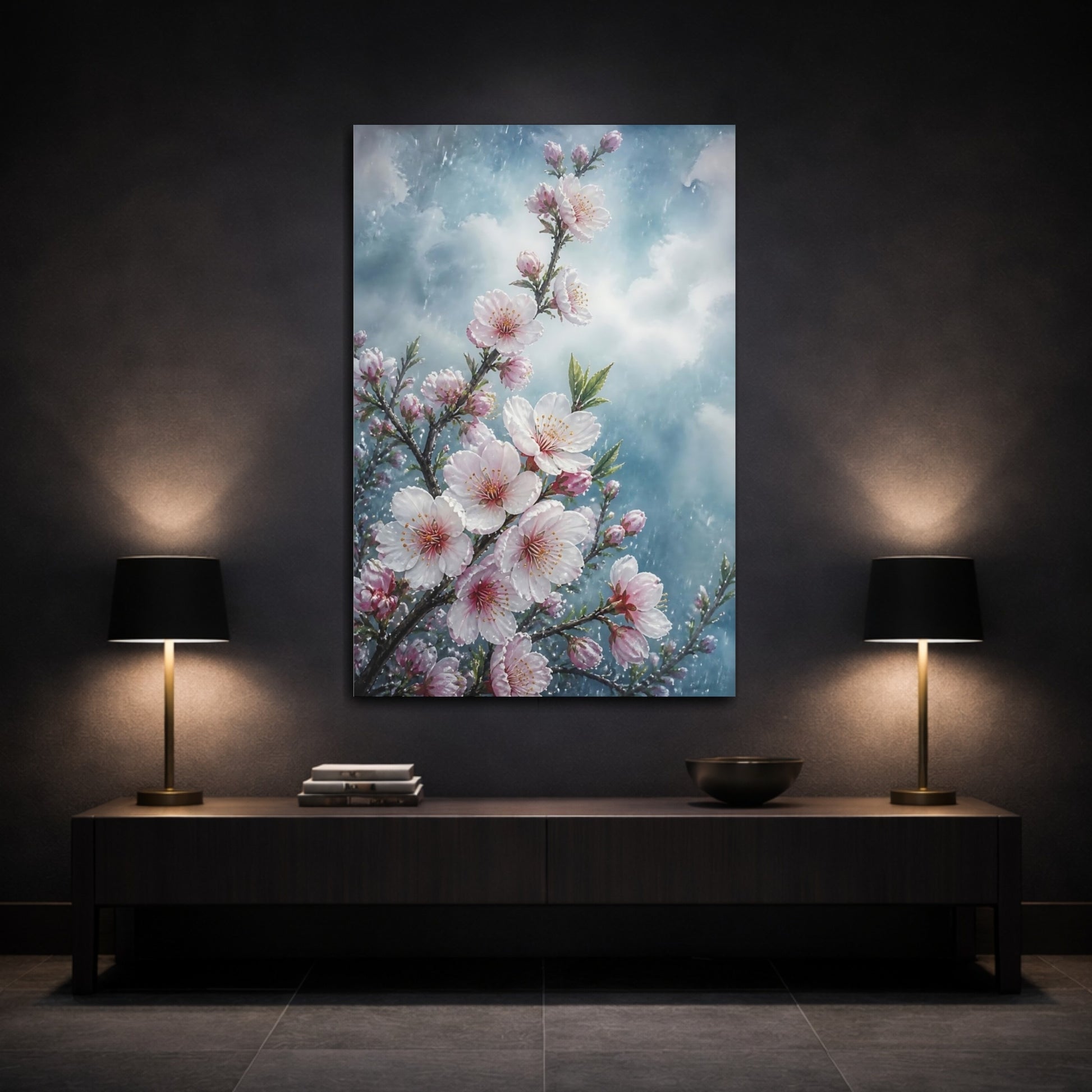 Mockup 3. Rain-Kissed Almond Flowers shown as canvas print