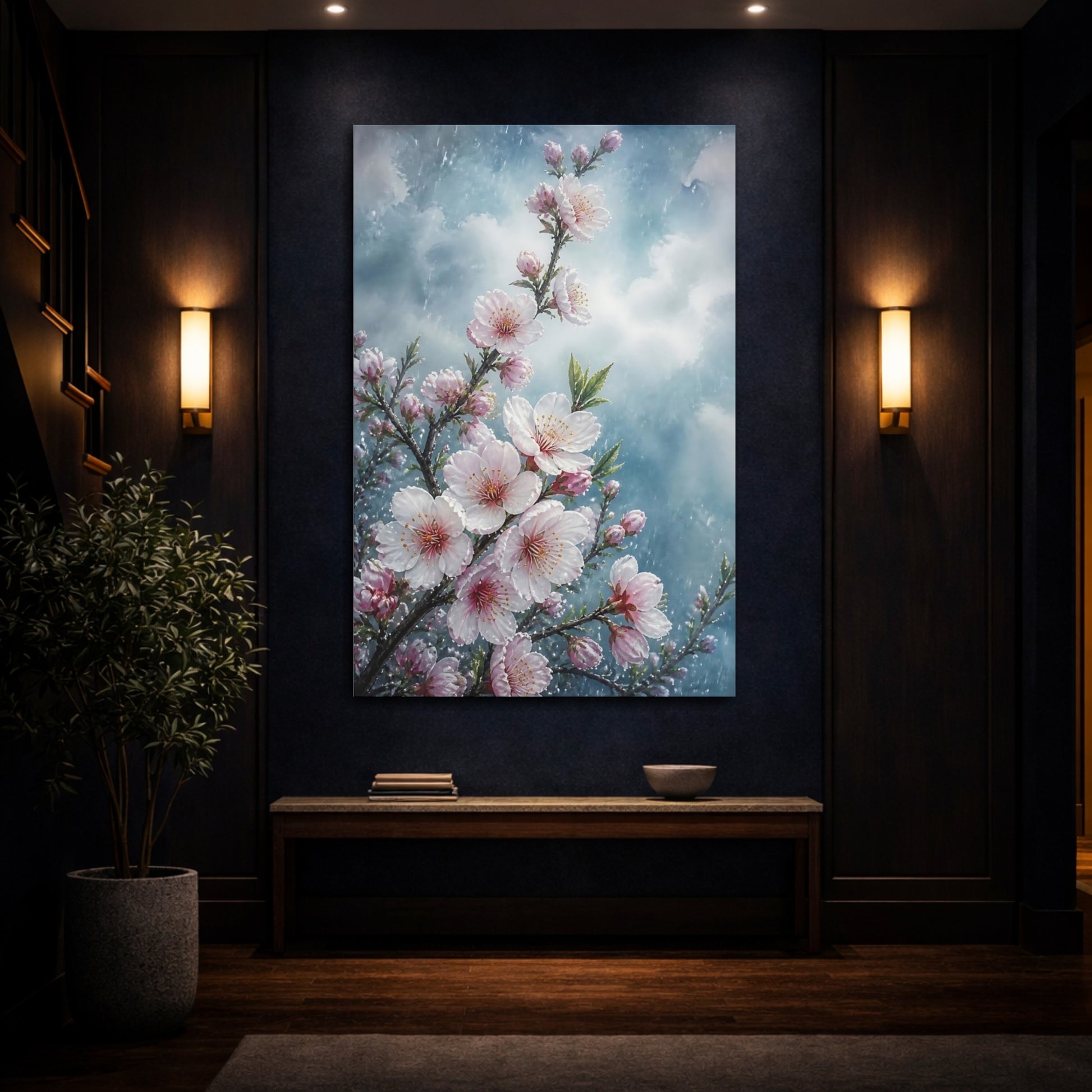 Mockup 4. Rain-Kissed Almond Flowers shown as canvas print