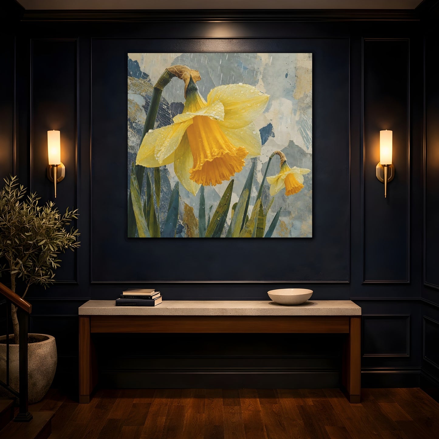 Mockup 4. Rain-Kissed Daffodils shown as canvas print