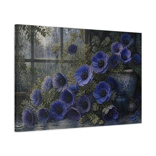 Main Mockup. Rain-Kissed Indigo Anemones shown as canvas print