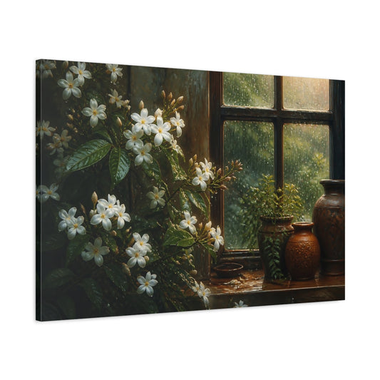 Main Mockup. Rain-Kissed Jasmine Window shown as canvas print
