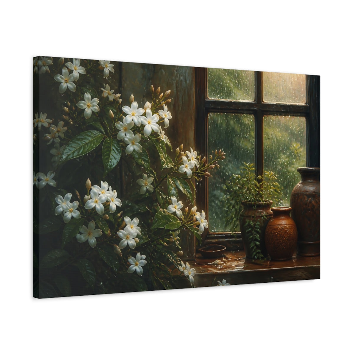 Side Mockup 2. Rain-Kissed Jasmine Window shown as canvas print