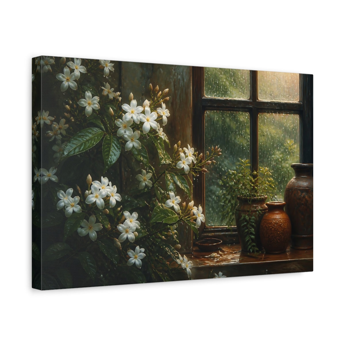 Side Mockup 4. Rain-Kissed Jasmine Window shown as canvas print