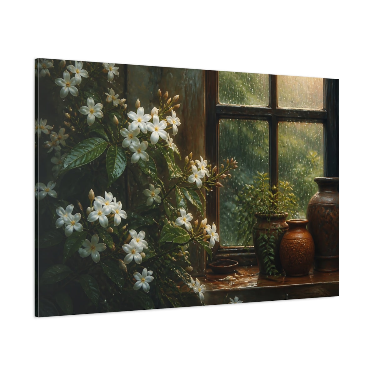 Side Mockup 1. Rain-Kissed Jasmine Window shown as canvas print