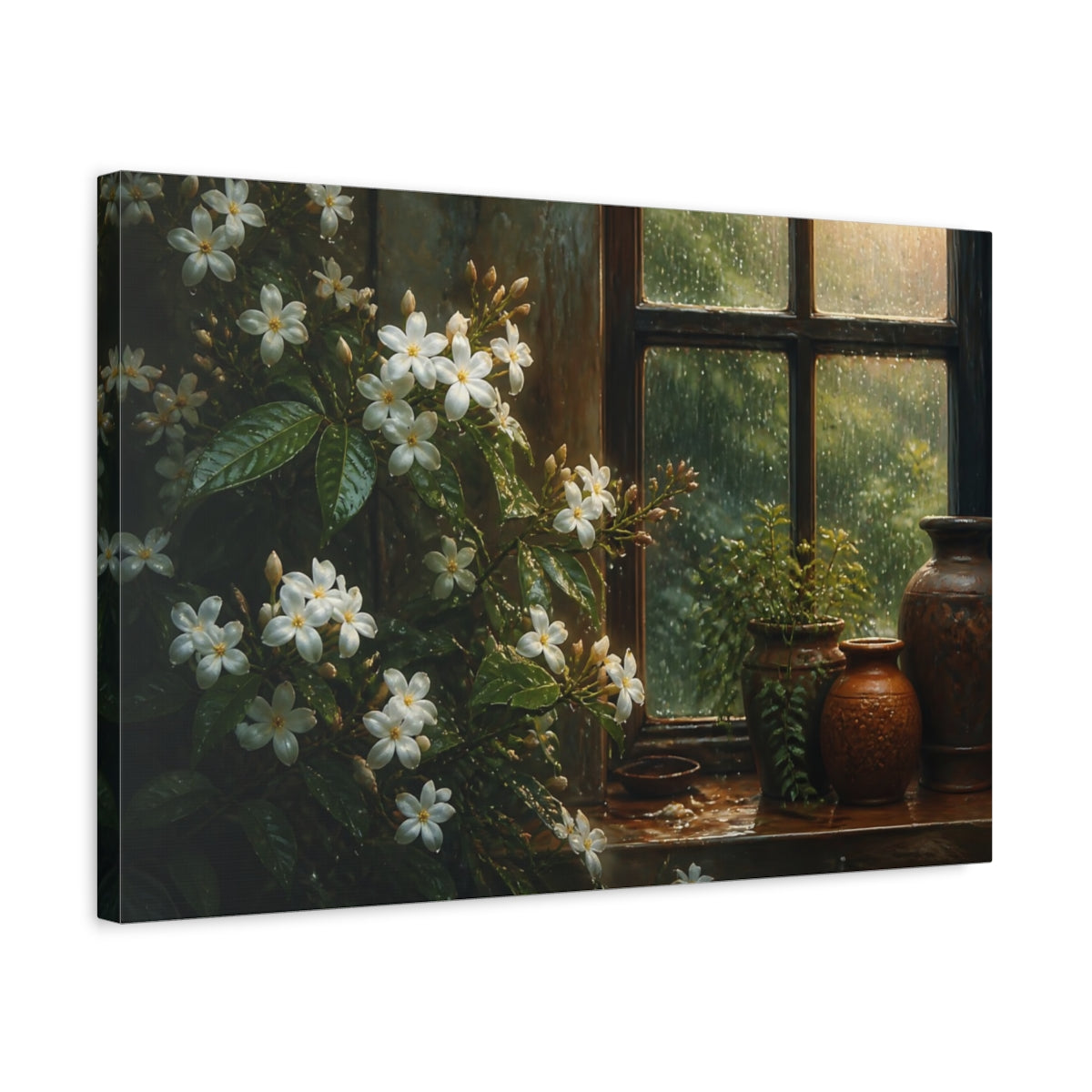 Side Mockup 3. Rain-Kissed Jasmine Window shown as canvas print