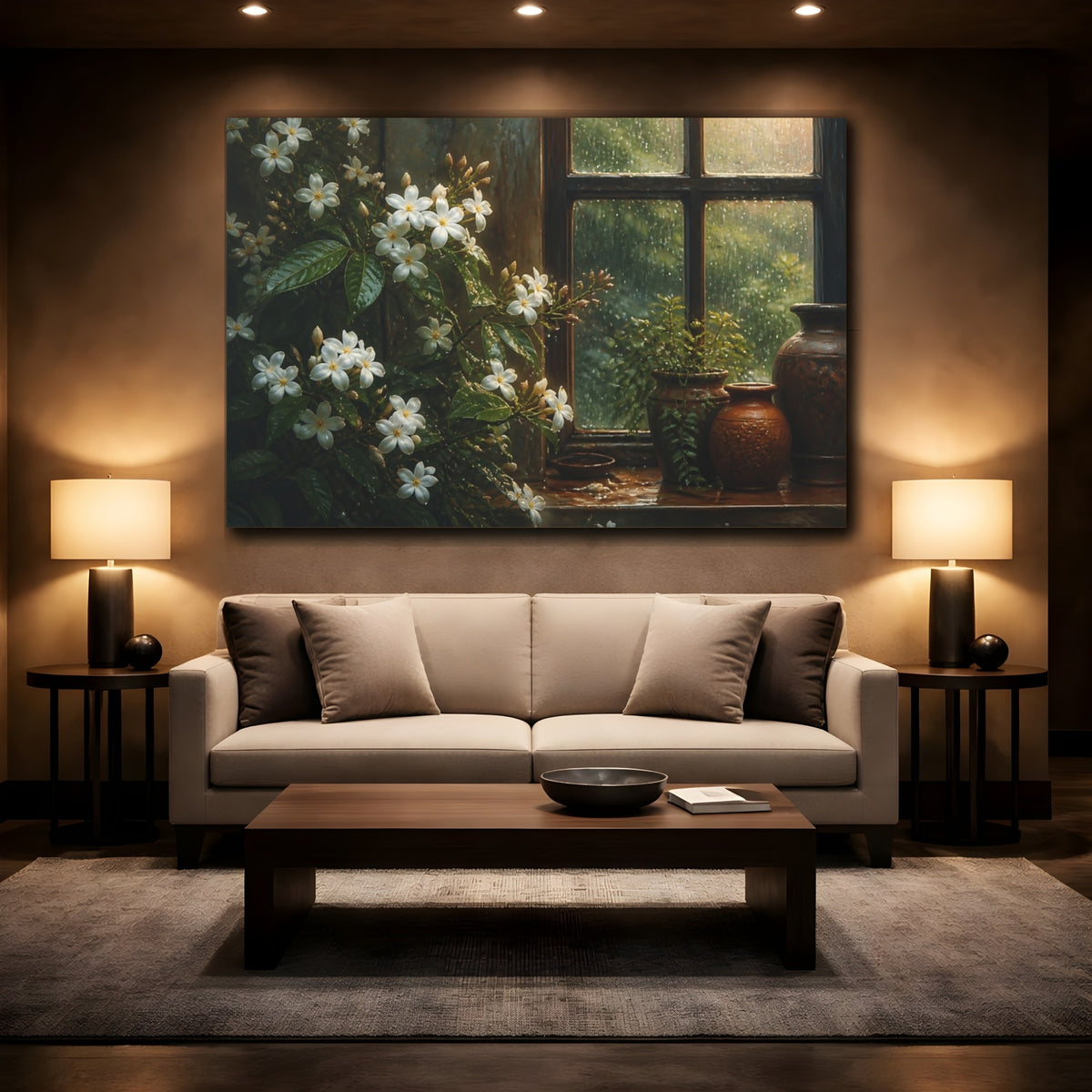 Mockup 2. Rain-Kissed Jasmine Window shown as canvas print