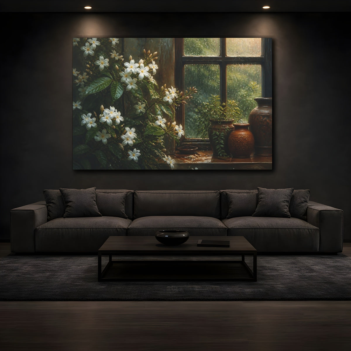 Mockup 3. Rain-Kissed Jasmine Window shown as canvas print