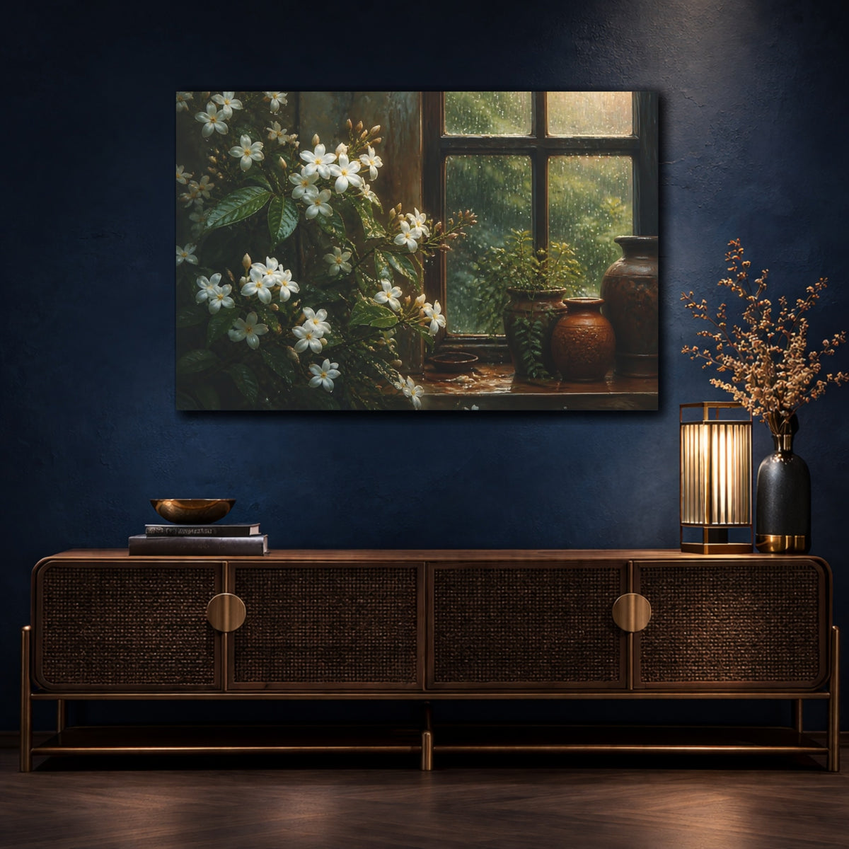 Mockup 4. Rain-Kissed Jasmine Window shown as canvas print