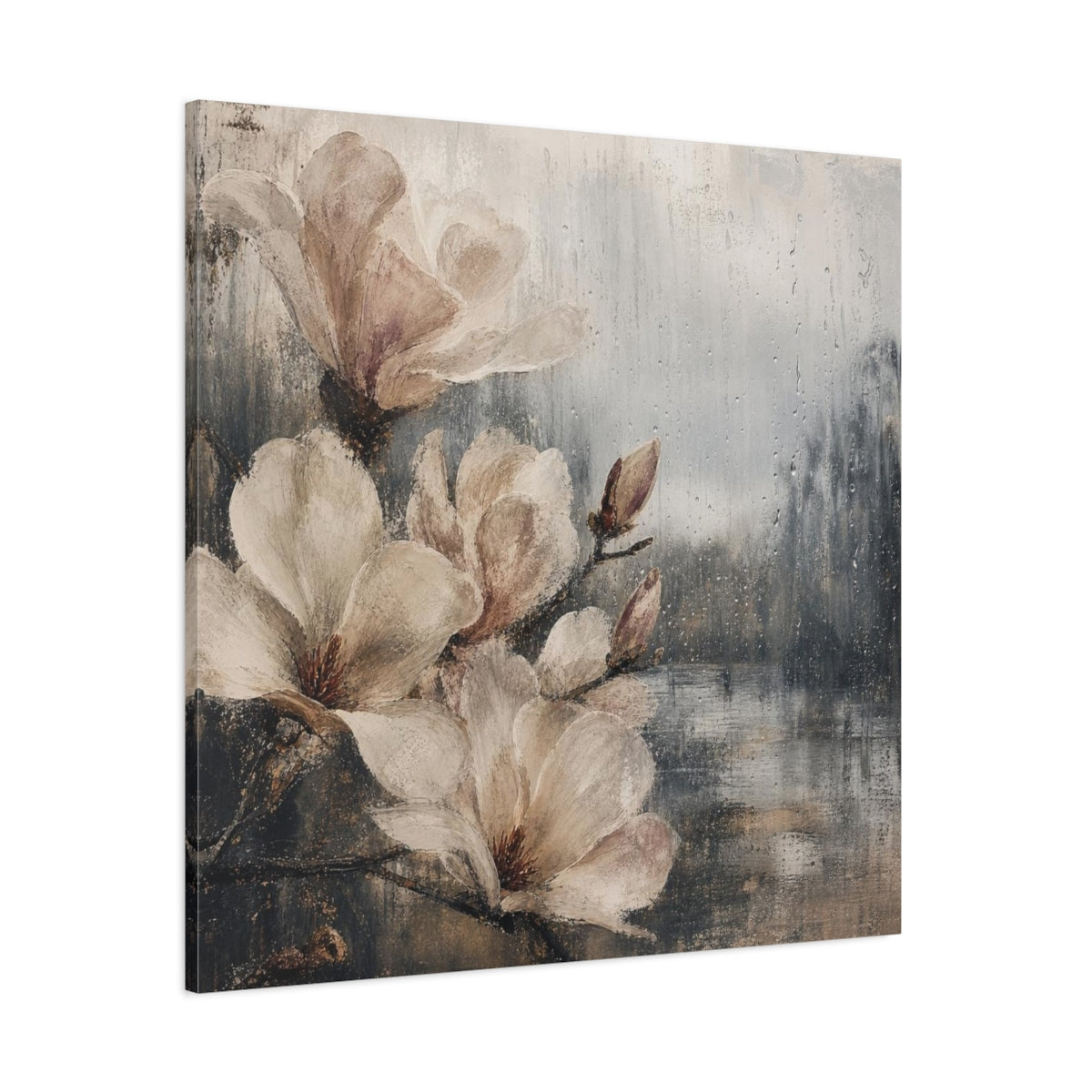 Side Mockup 1. Rain-Kissed Magnolia Blossoms shown as canvas print