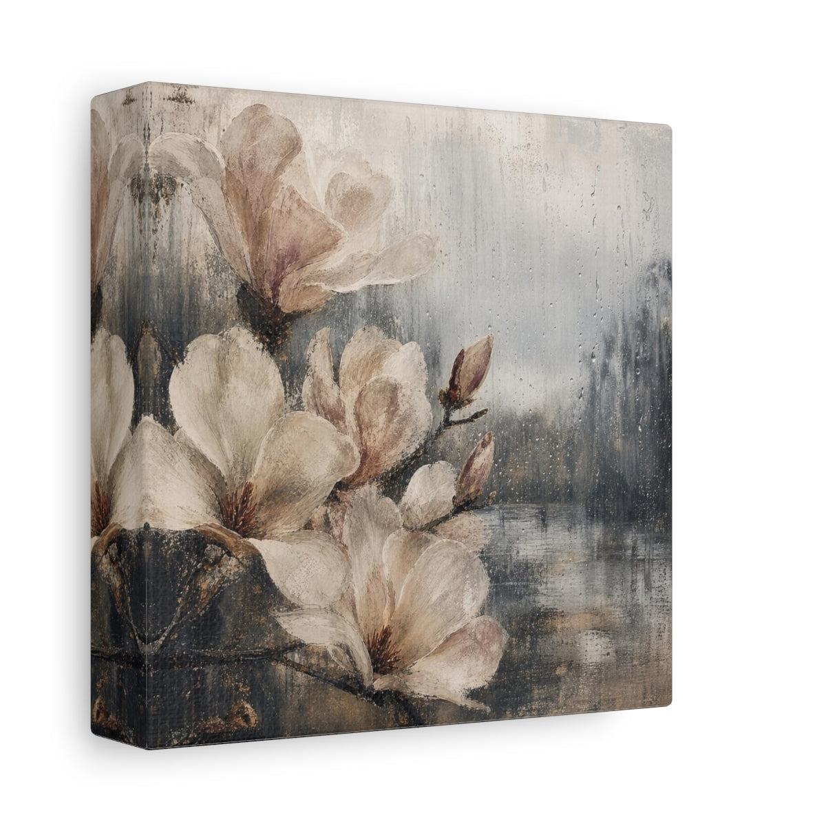 Side Mockup 2. Rain-Kissed Magnolia Blossoms shown as canvas print
