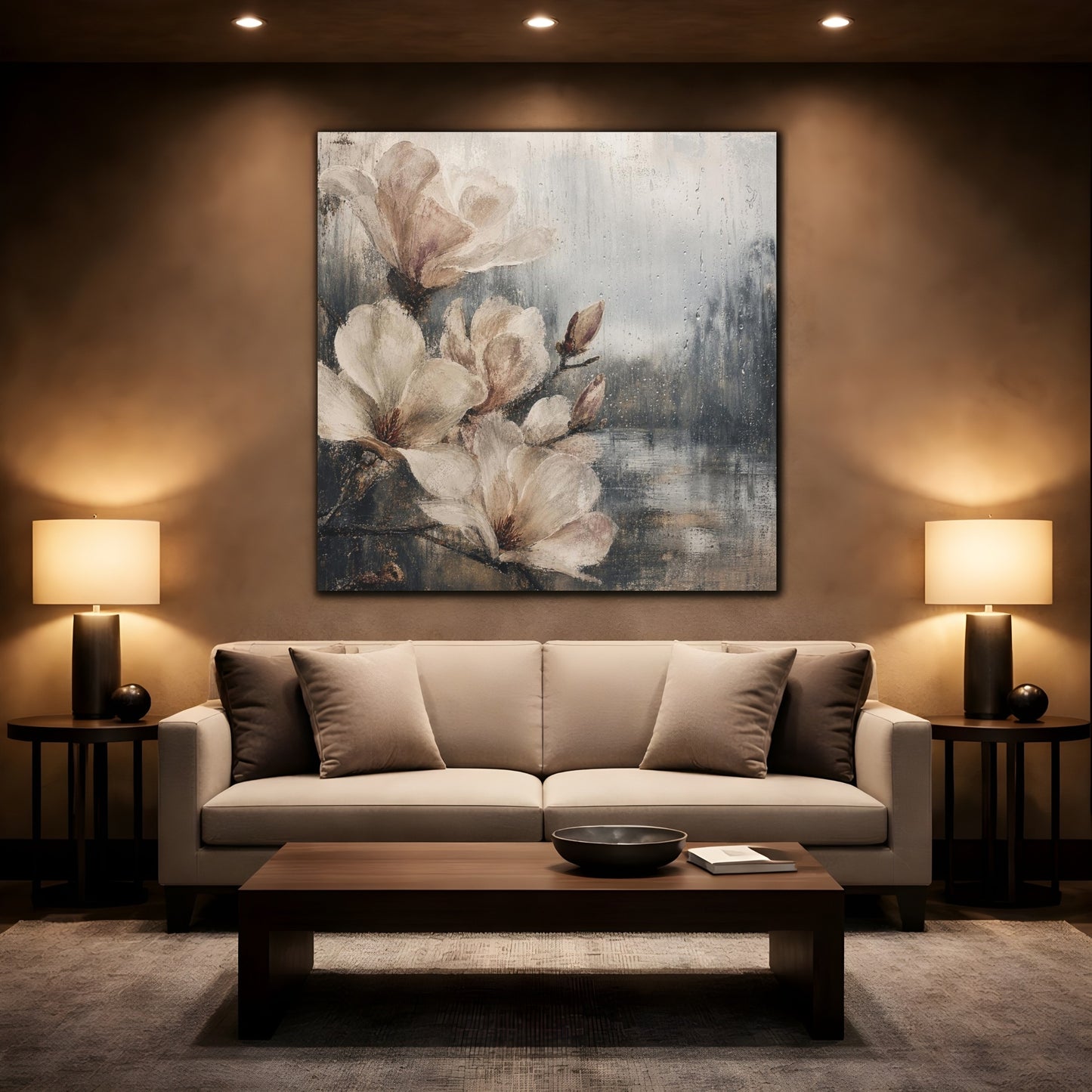 Mockup 2. Rain-Kissed Magnolia Blossoms shown as canvas print