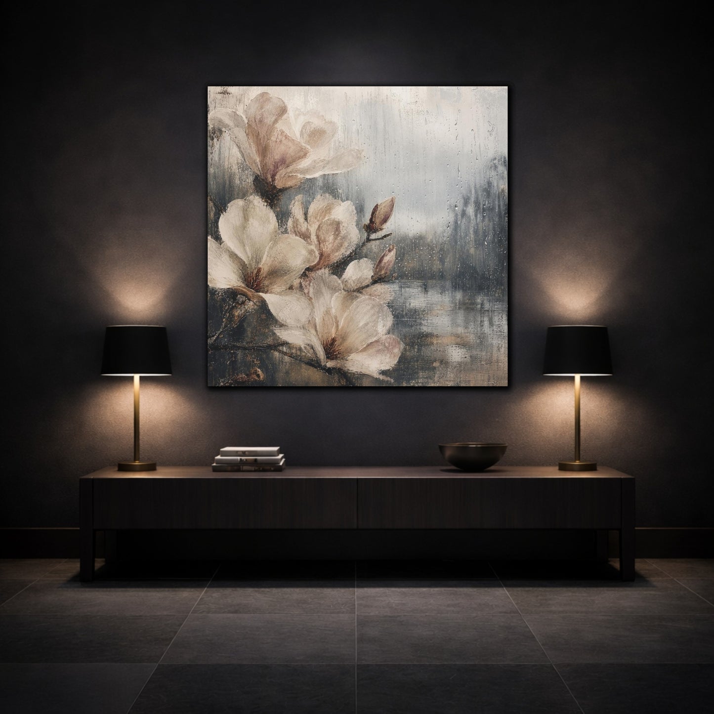 Mockup 3. Rain-Kissed Magnolia Blossoms shown as canvas print