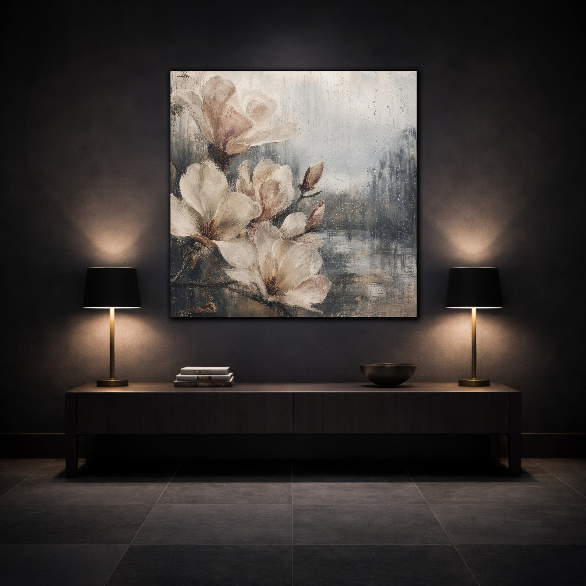 Mockup 3. Rain-Kissed Magnolia Blossoms shown as canvas print