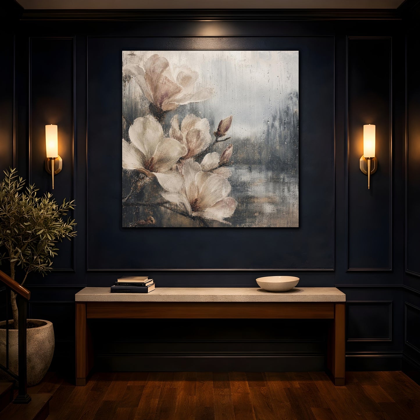 Mockup 4. Rain-Kissed Magnolia Blossoms shown as canvas print
