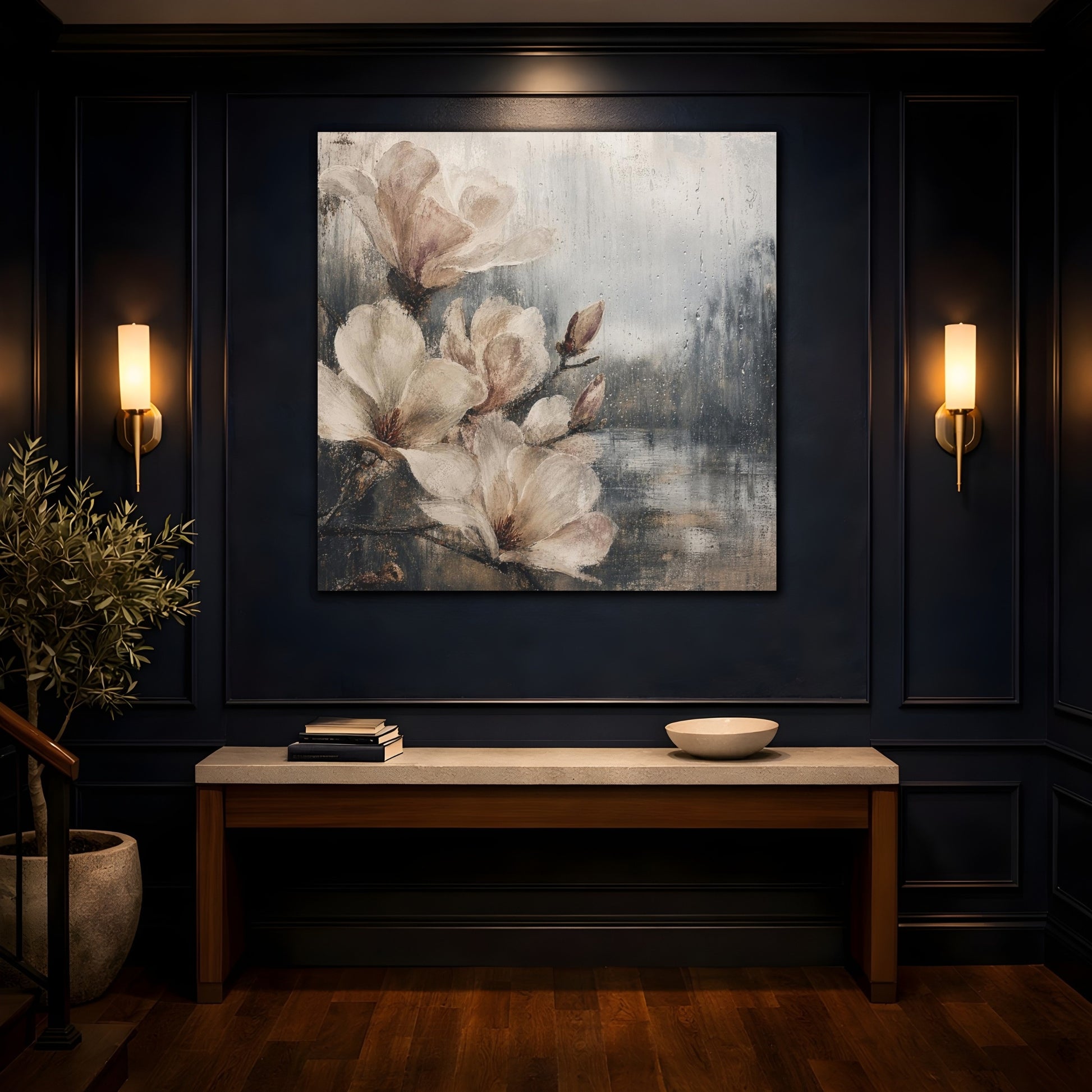 Mockup 4. Rain-Kissed Magnolia Blossoms shown as canvas print