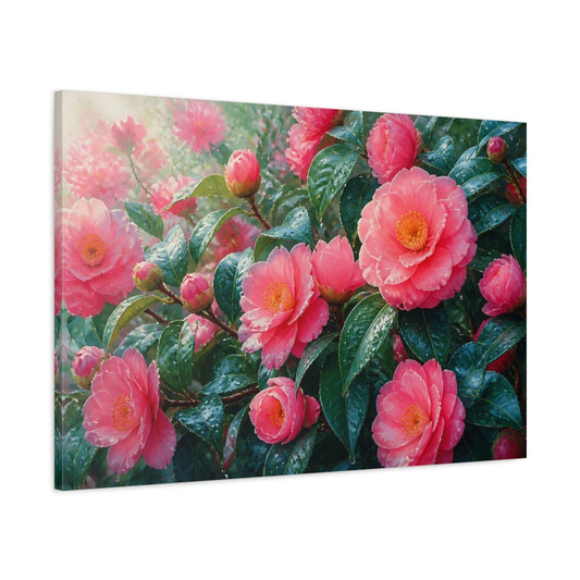 Main Mockup. Rain-Kissed Pink Camellias shown as canvas print