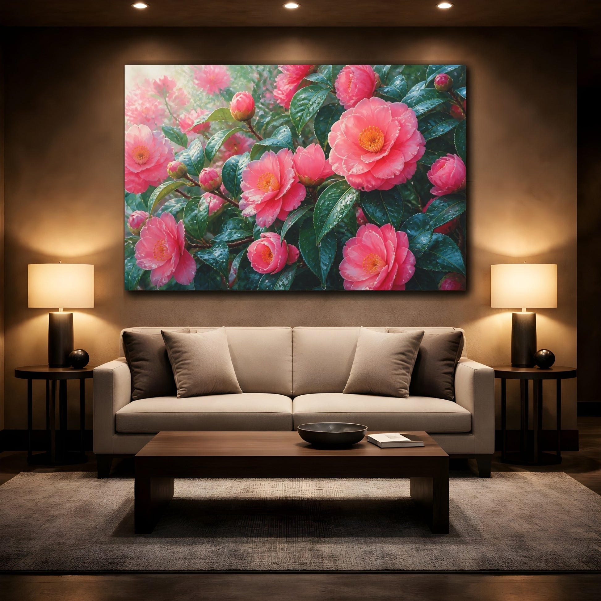 Mockup 2. Rain-Kissed Pink Camellias shown as canvas print