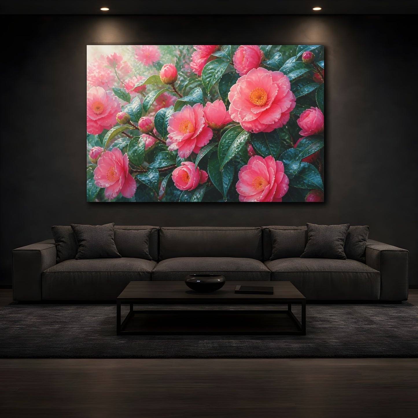 Mockup 3. Rain-Kissed Pink Camellias shown as canvas print