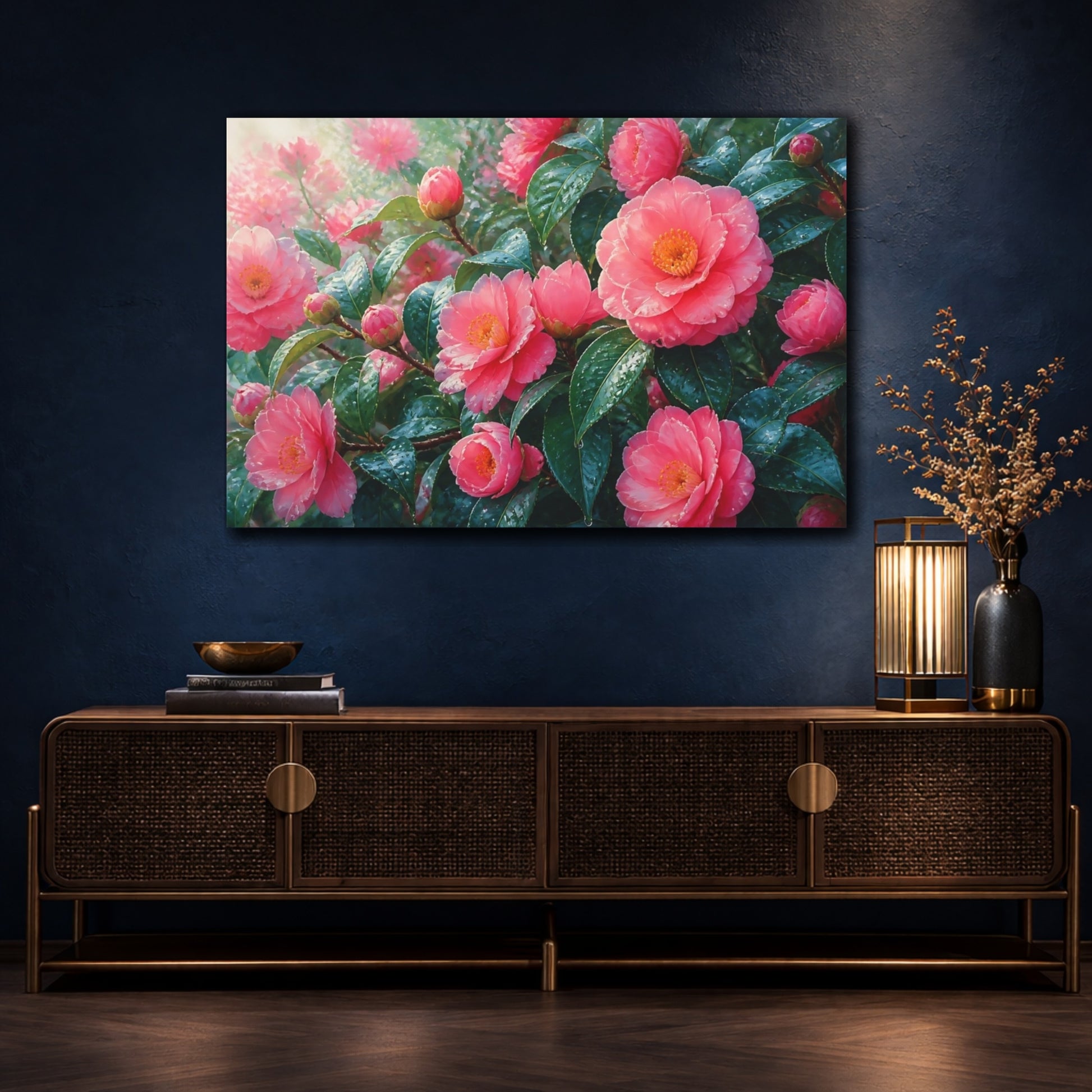 Mockup 4. Rain-Kissed Pink Camellias shown as canvas print