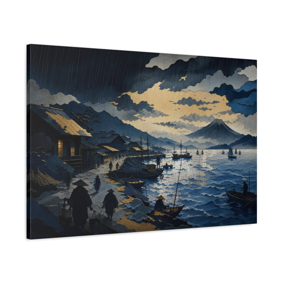 Main Mockup. Rain Over Fishing Harbor shown as canvas print