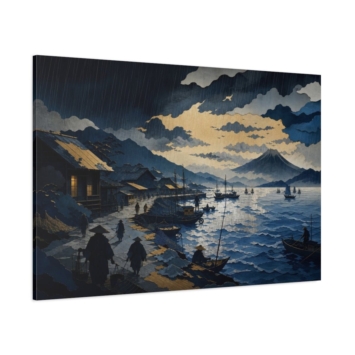 Rain Over Fishing Harbor Canvas Print – Living Room, Above Console Table, Blue And Gold - YesArtYes