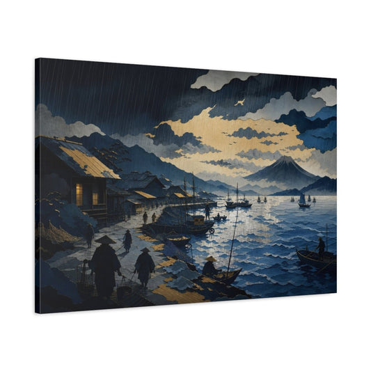 Rain Over Fishing Harbor Canvas Print – Living Room, Above Console Table, Blue And Gold - YesArtYes